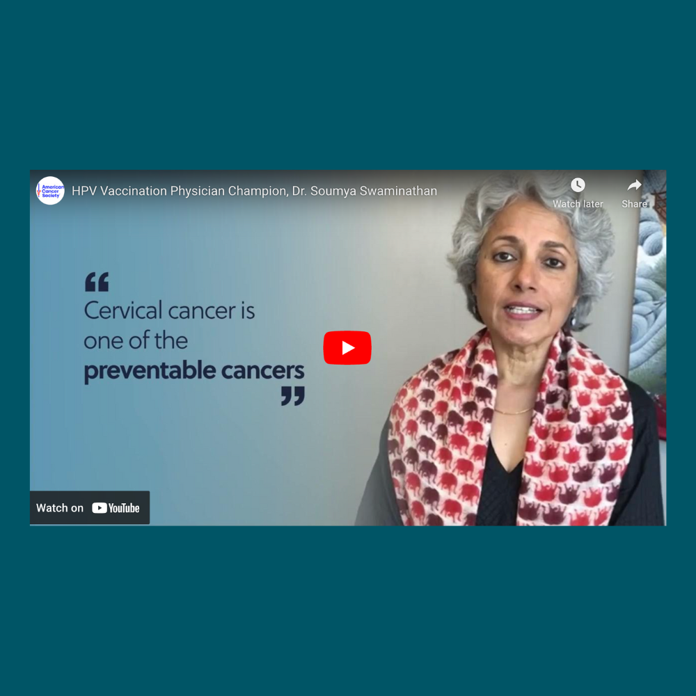 Screenshot of the HPV Vaccination Physician Champion video on a dark teal background.