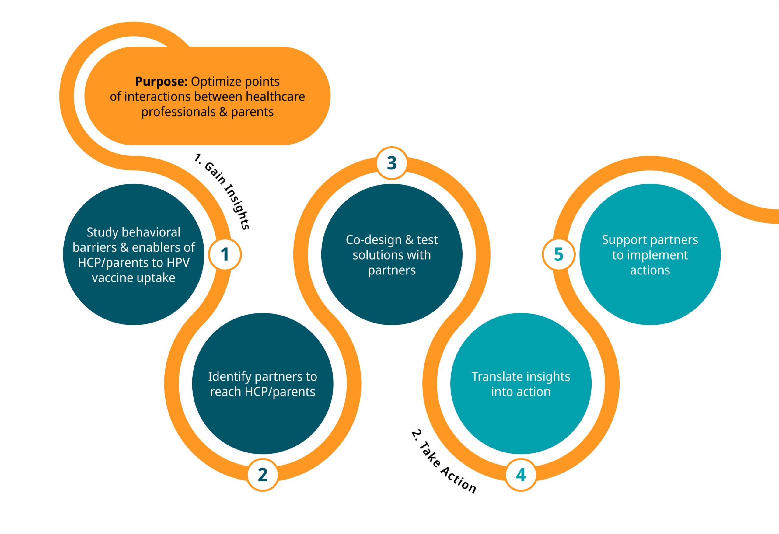 A diagram outlining the research process, starting with the Purpose: Optimize points of interactions between healthcare professionals & parents. A line connects the purpose and wraps around the main points, starting with gaining insights and continuing to take action. The main points are: 1 Study behavioral barriers & enablers of HCP/parents to HPV vaccine uptake. 2 Identify partners to reach HCP/parents. 3 Co-design & test solutions with partners. 4 Translate insights into action. 5 Support partners to implement actions.