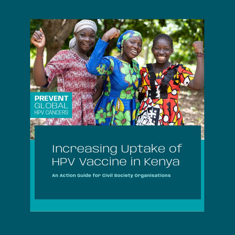 Screenshot of the Increasing Uptake of HPV Vaccine in Kenya Action Guide overlaid on a dark teal background.