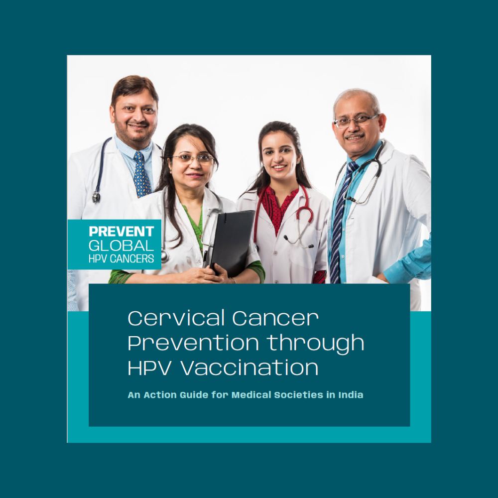 Screenshot of the Cervical Caner Prevention through HPV Vaccination in India Action Guide overlaid on a dark teal background.
