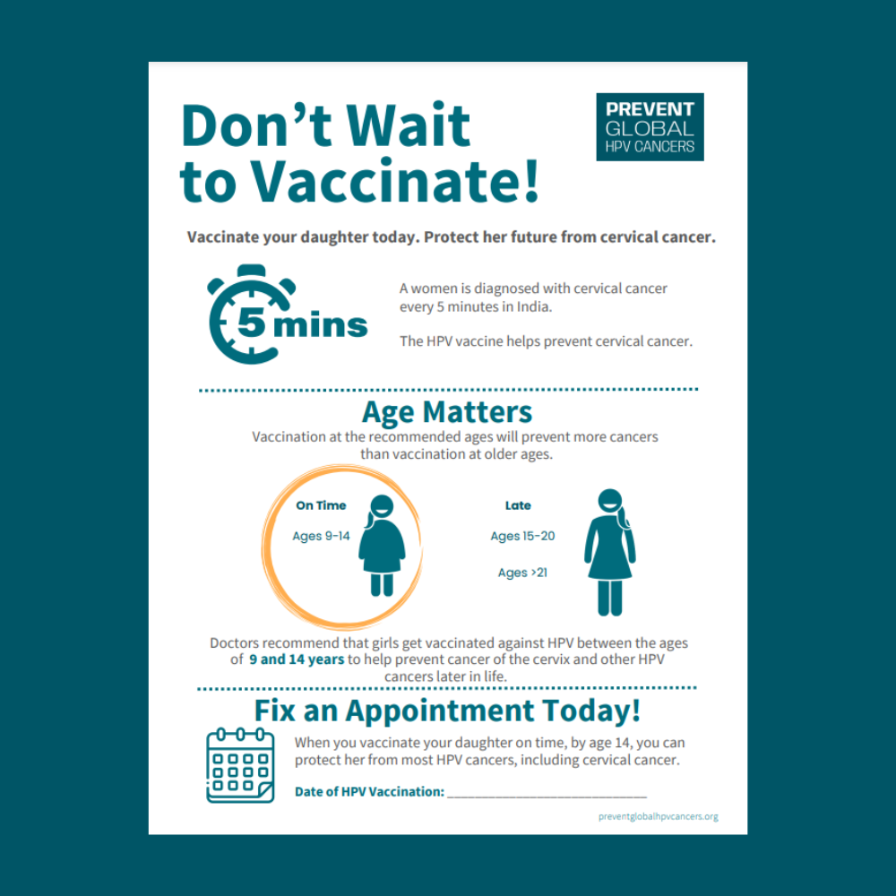 Screenshot of the Don't Wait to Vaccinate handout for parents in India overlaid on a dark teal background.