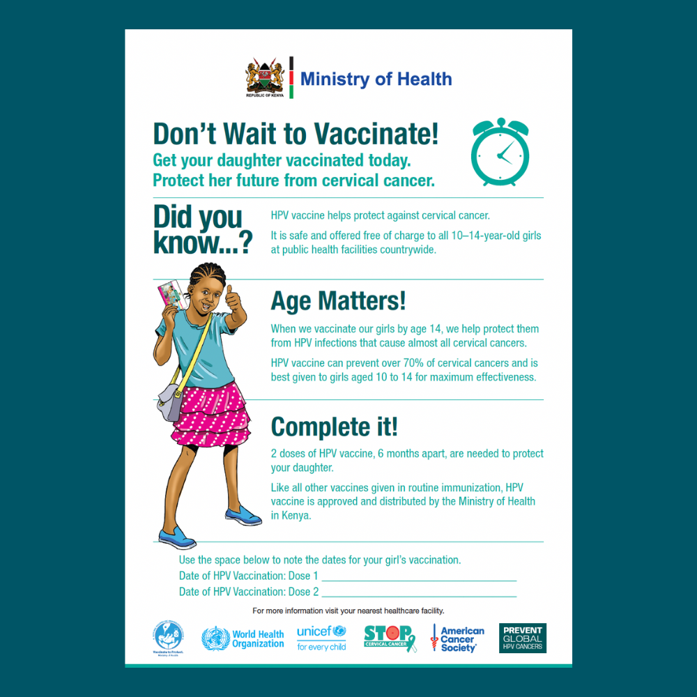 Screenshot of the Kenya Don't Wait to Vaccinate handout overlaid on a dark teal background.