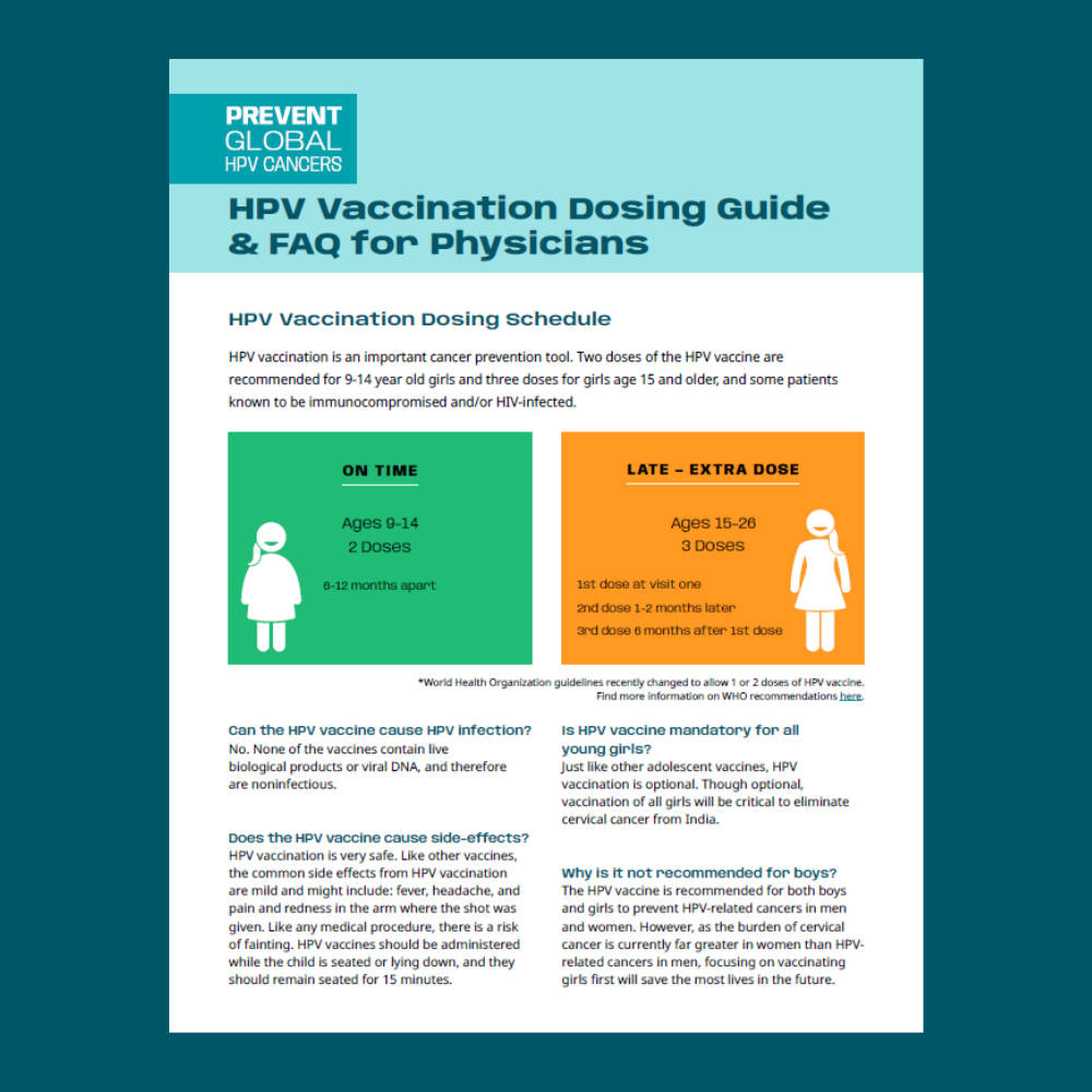 Screenshot of the Dosing Guide & FAQ for Physicians handout overlaid on a dark teal background.