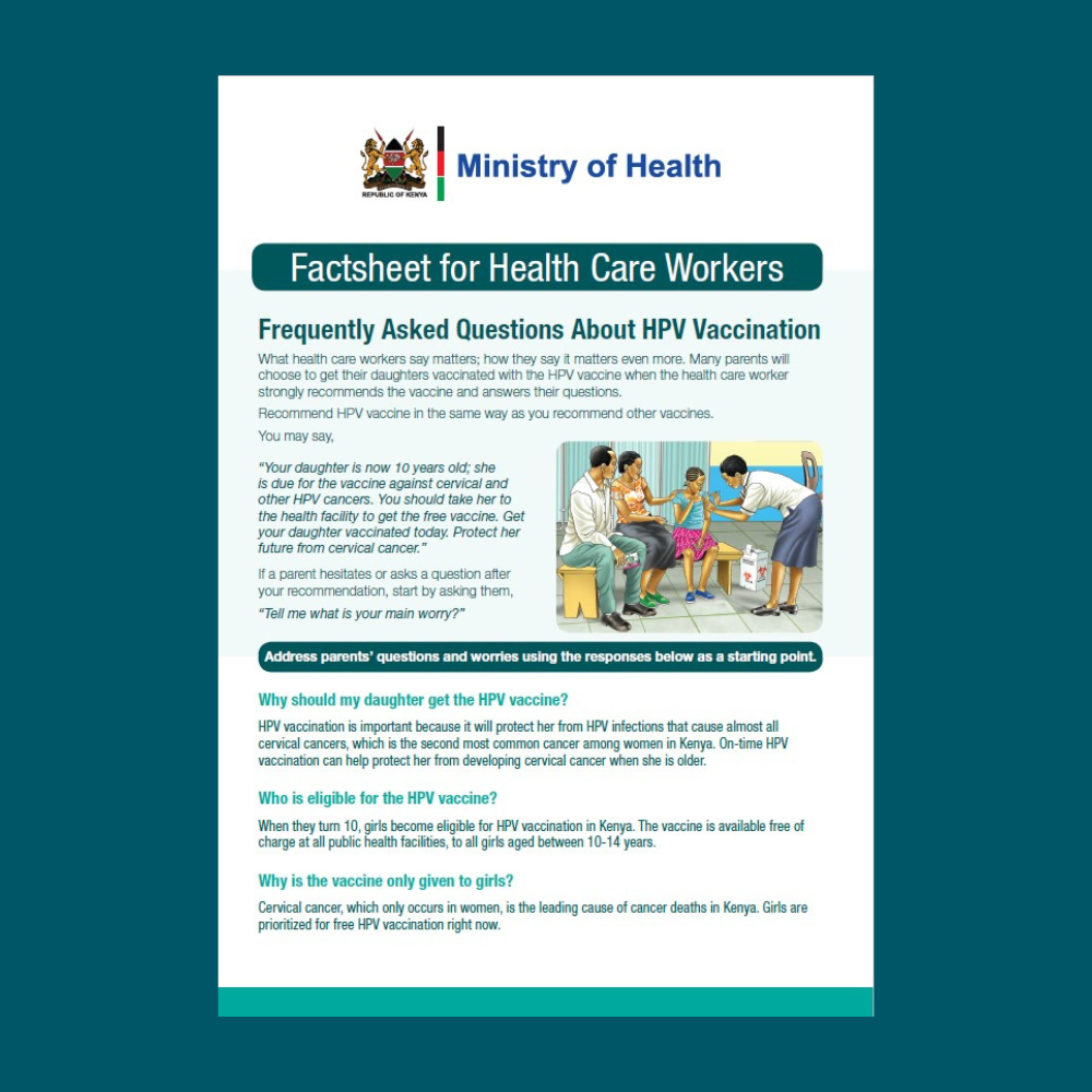Screenshot of the Kenya factsheet for health care workers overlaid on a dark teal background.