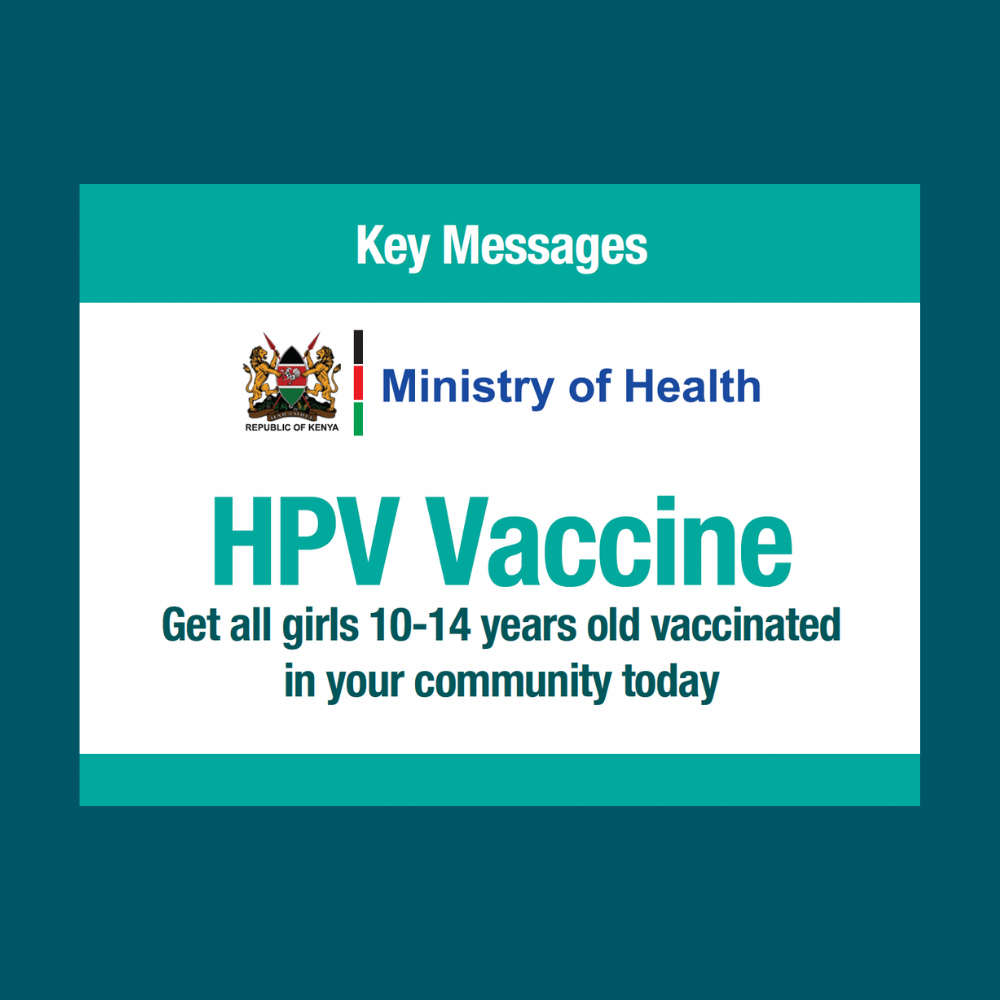 Screenshot of the Kenya HPV vaccine key messages presentation overlaid on a dark teal background.