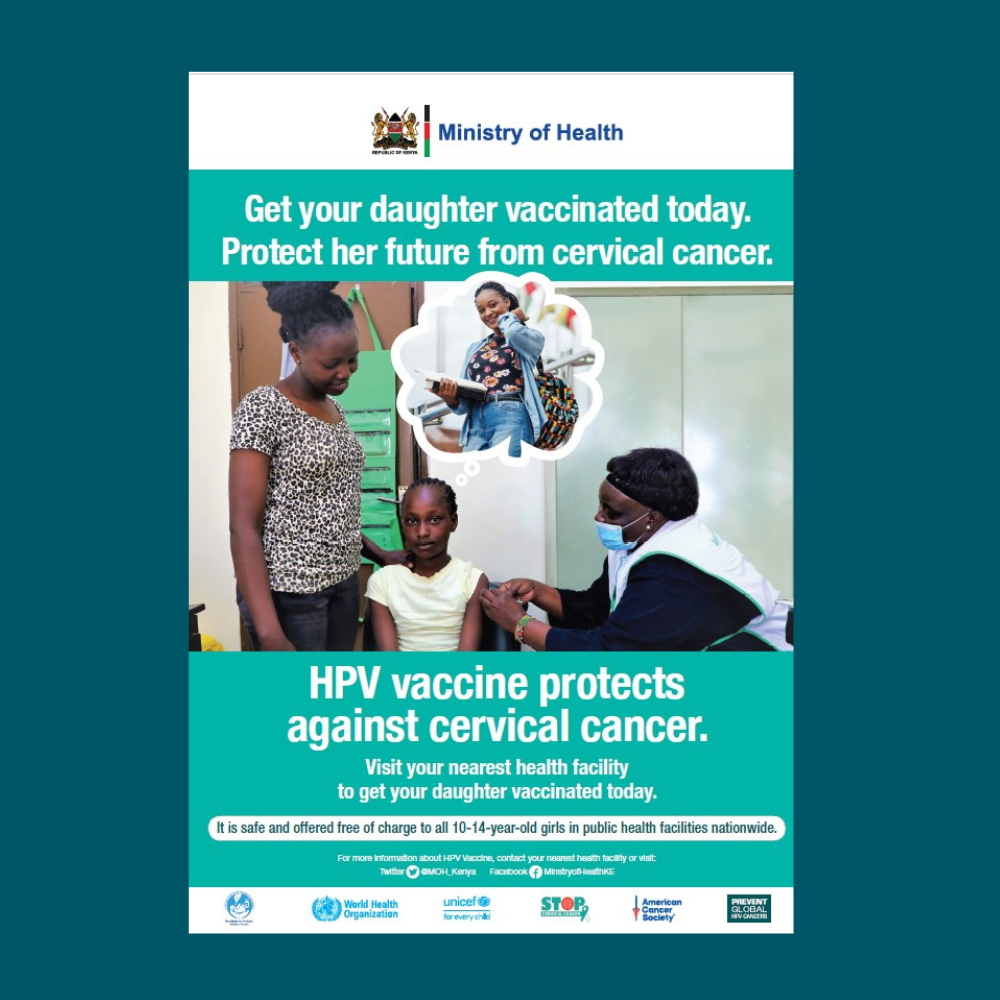 Screenshot of the Kenya HPV poster overlaid on a dark teal background.