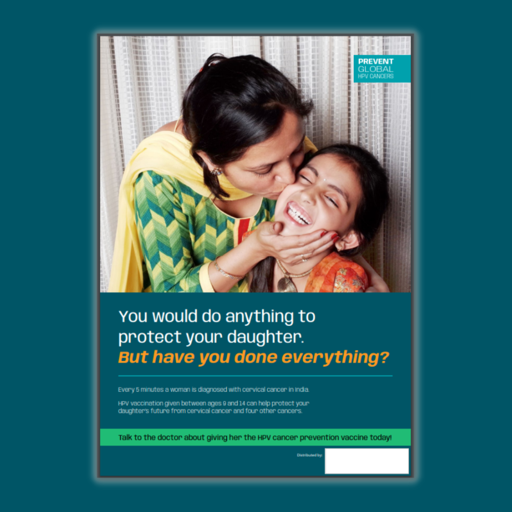 Screenshot of the in-clinic poster for India overlaid on a dark teal background.