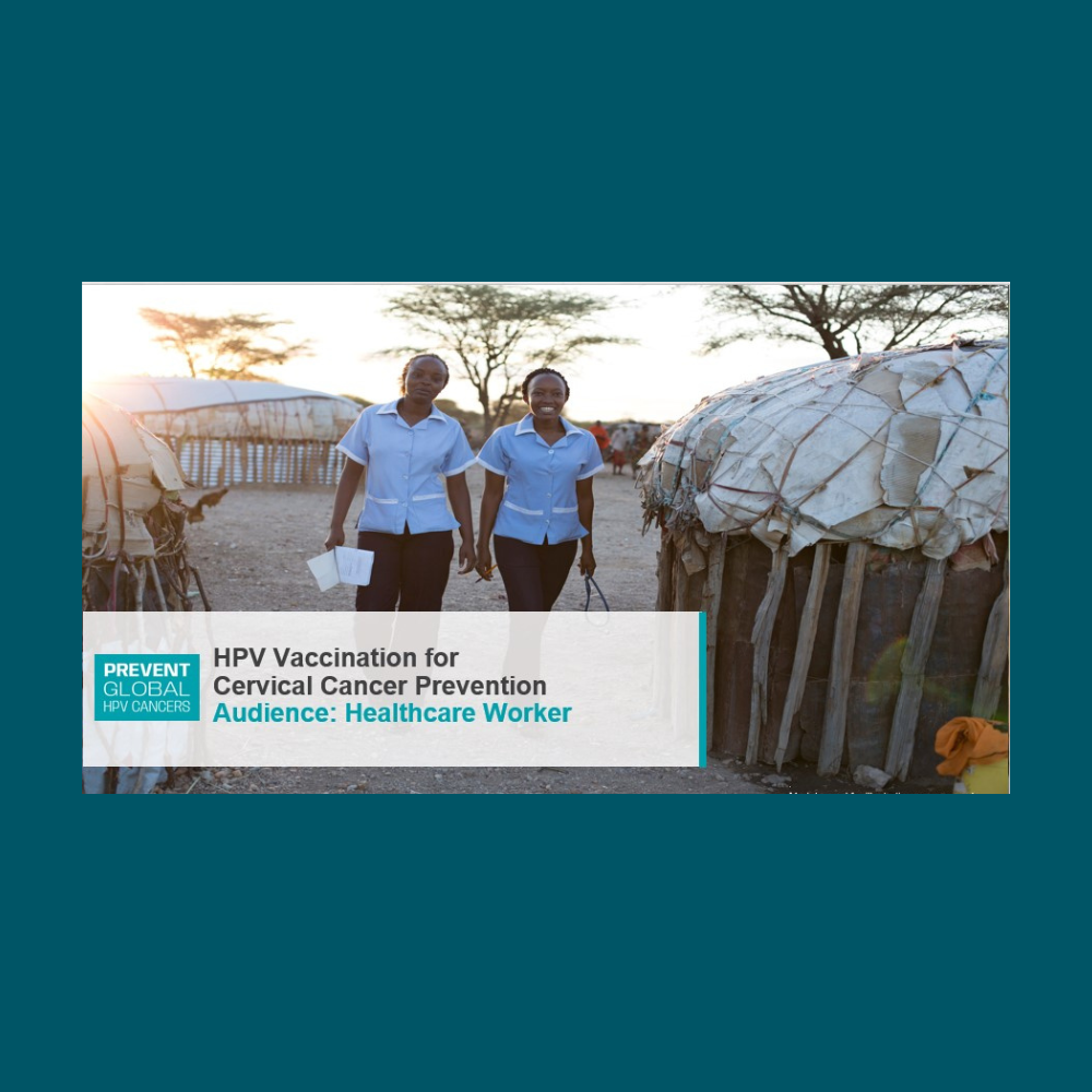 Screenshot of the HPV vaccination for cervical cancer prevention for healthcare workers presentation overlaid on a dark teal background.