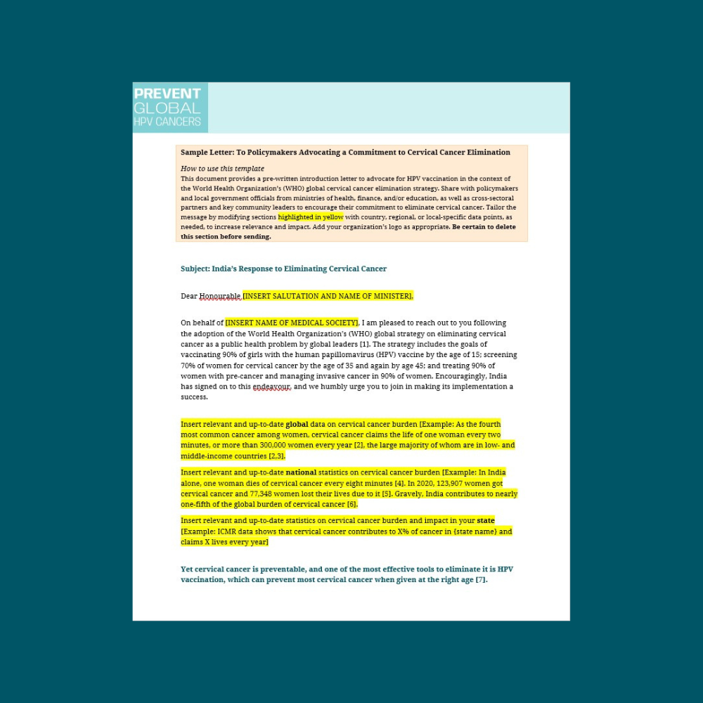 Screenshot of the Sample Letter To Policymakers overlaid on a dark teal background.