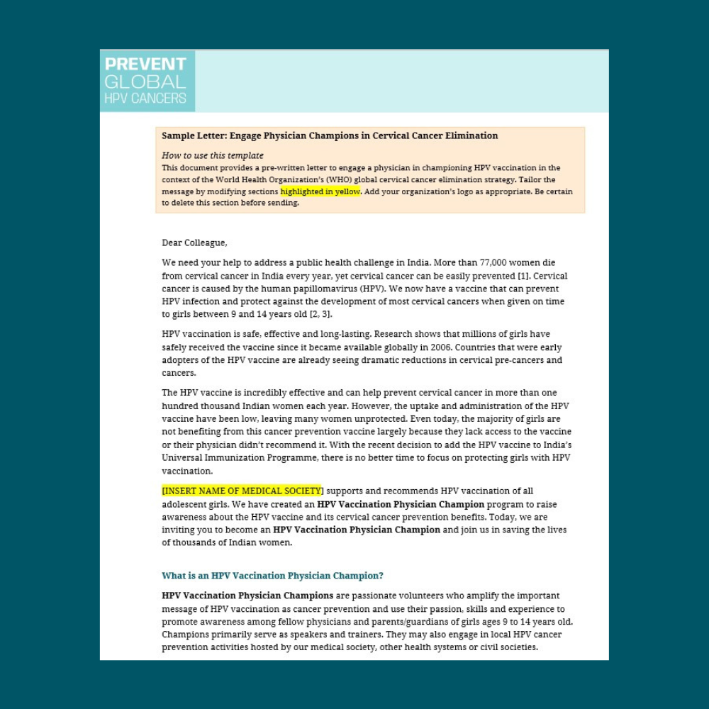 Screenshot of the Sample Letter To Engaging HPV Vaccine Physician Champions overlaid on a dark teal background.