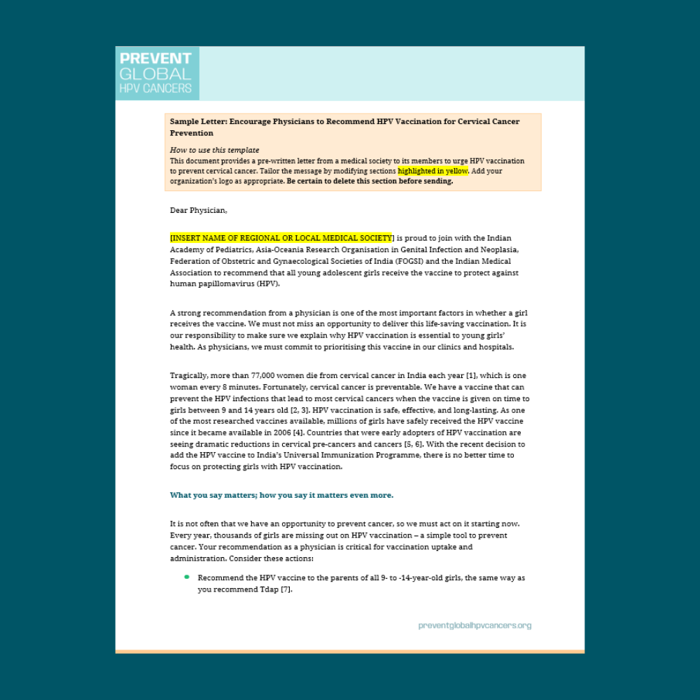 Screenshot of the Sample Letter To Medical Society Members in Support of HPV Vaccination overlaid on a dark teal background.
